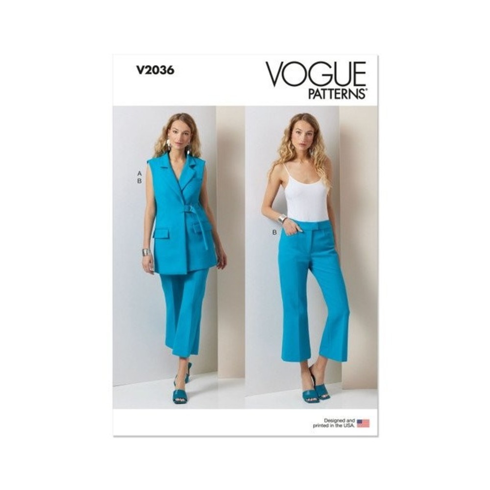 Vogue Sewing Pattern Misses 16-24 V2036 Vest Pants Notched Collar Flared Cropped